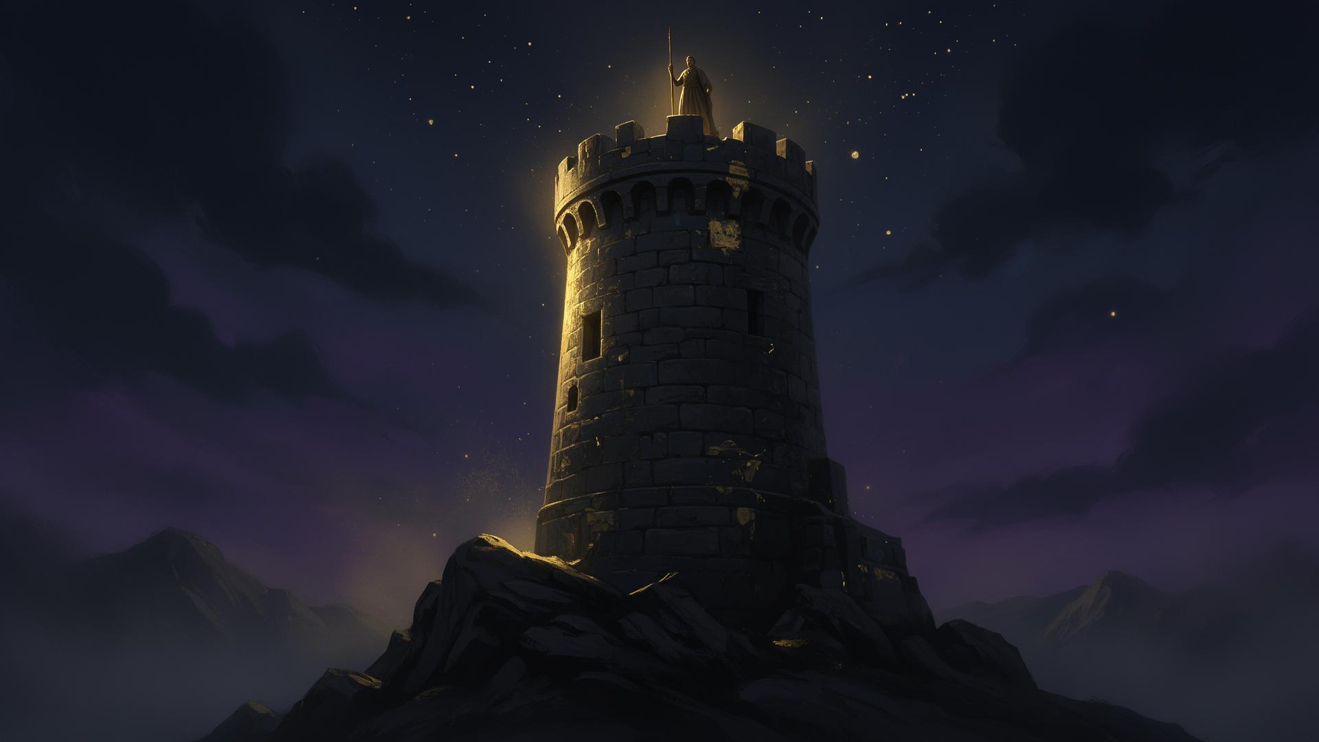 Watchman standing atop an ancient stone watchtower under a starlit sky